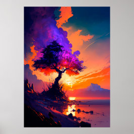 Orange Sunset Sky über Wasser mit Lila Baum Poster