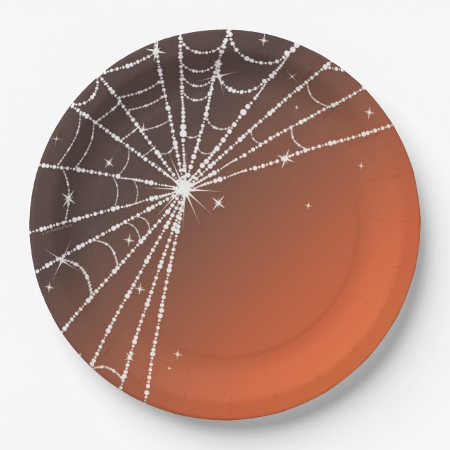 Orange Sunset Sparkling Diamond Spider Web Pappteller (Vorderseite)