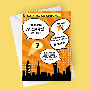 Orange Superhelden-Comic-Book-Style-Geburtstagsfei Einladung