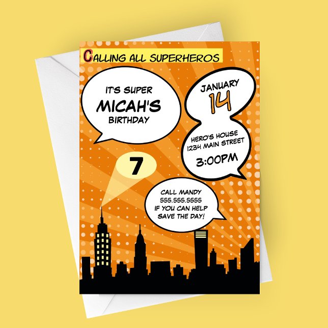 Orange Superheros Comic Book Styling Birthday Part Einladung (Orange Comic Book Superheros Birthday Party Invitation)
