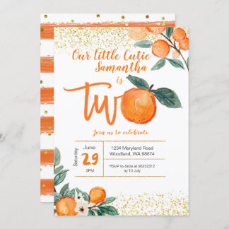 Orange Süsse Second Birthday Gold Glitzer Einladung
