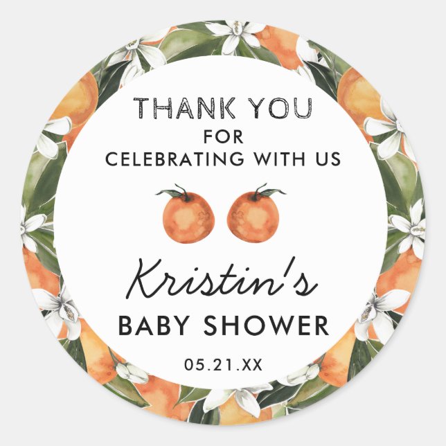 Orange Süsse Twins Baby Dusche Vielen Dank Runder Aufkleber (Vorderseite)