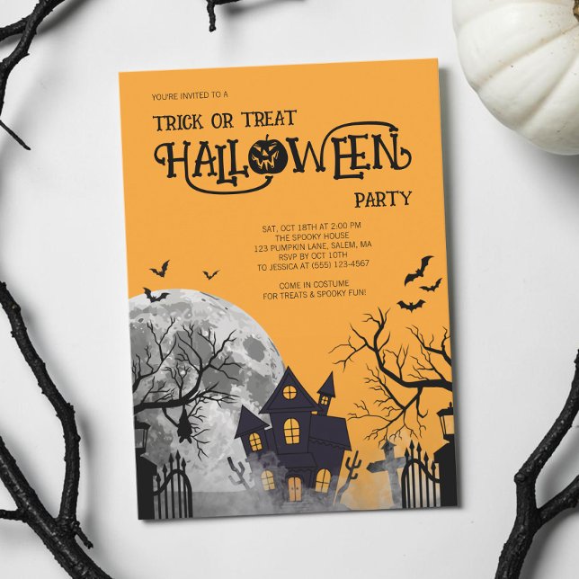 Orange Süßes-oder-Saures-Halloween-Kostüm-Party Einladung (Orange Trick or Treat Halloween Costume Party Invitation)