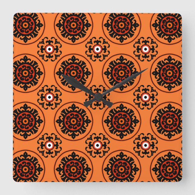 Orange Suzani Pattern Quadratische Wanduhr (Vorderseite)