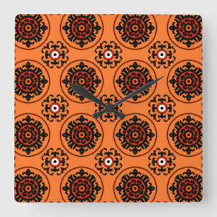 Orange Suzani Pattern Quadratische Wanduhr