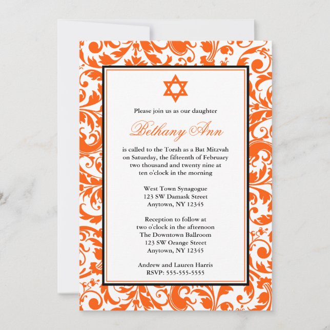 Orange Swirl Damask Bat Mitzvah Einladungen (Vorderseite)