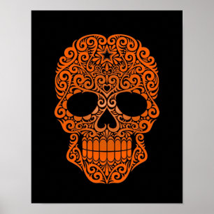 Orange Swirling Sugar Skull auf schwarz Poster