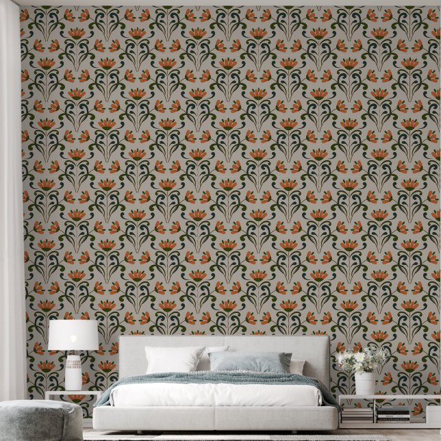 Orange Symmetrische Jugendstil-Blume Tapete (Schlafzimmer)