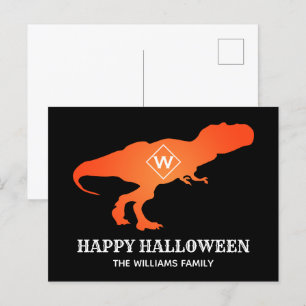 Orange T Rex Happy Halloween Custome Familienname Feiertagspostkarte