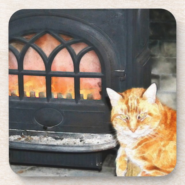 Orange Tabby Cat By Fire Untersetzer (Vorderseite)