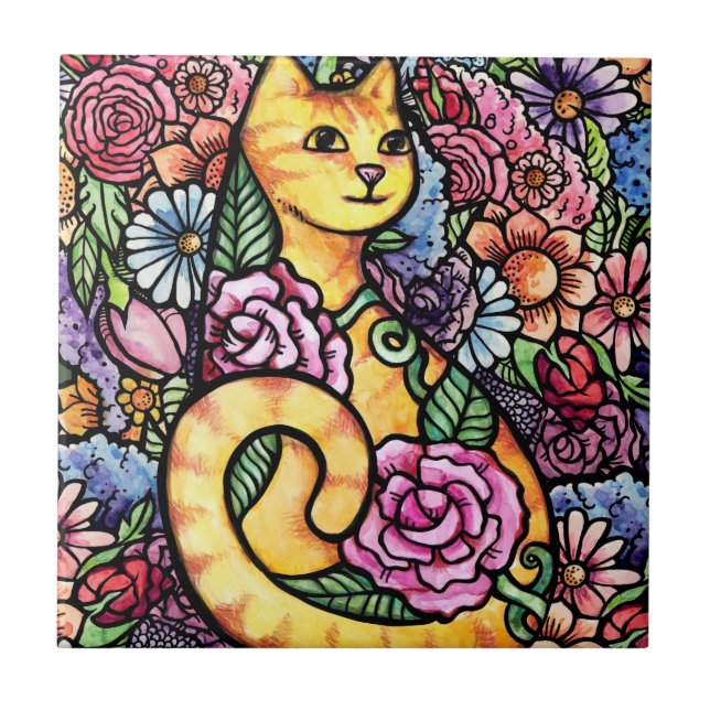 Orange Tabby Cat Flower Garden Fliese (Vorderseite)