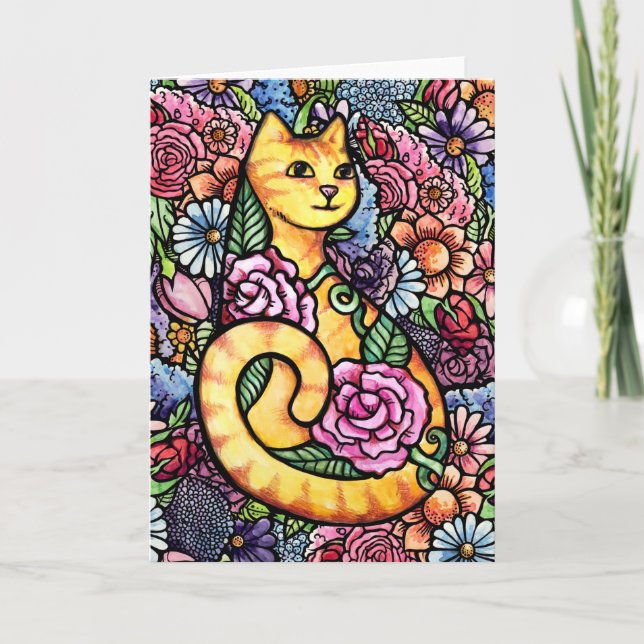 Orange Tabby Cat Flower Garden Karte (Vorderseite)