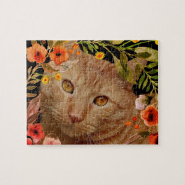 Orange Tabby Cat Foto mit Blume Rahmen Jigsaw Puzzle