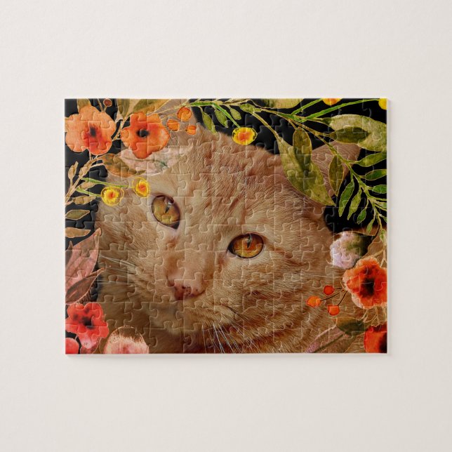Orange Tabby Cat Foto mit Blume Rahmen Jigsaw Puzzle (Horizontal)