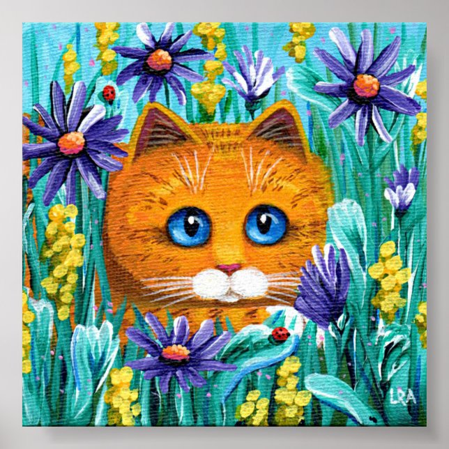 Orange Tabby Cat Lila Aster Blume Creationarts Poster (Vorne)