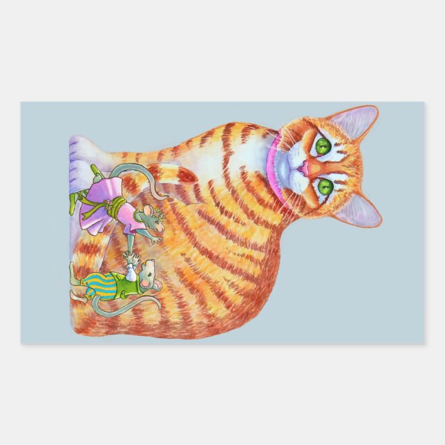 Orange Tabby Cat mit Tanzmaus Front Rechteckiger Aufkleber (Vorderseite)