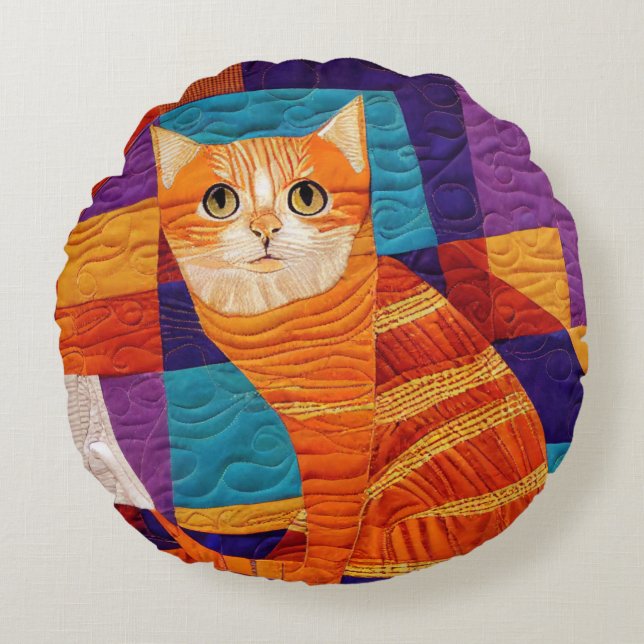 Orange Tabby Cat Patchwork Quilt Muster Rundes Kissen (Vorderseite)