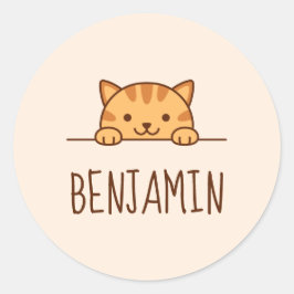 Orange Tabby Cat Peeking über Individuelle Name Runder Aufkleber