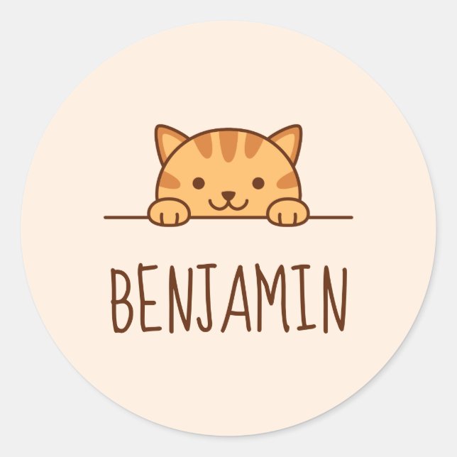 Orange Tabby Cat Peeking über Individuelle Name Runder Aufkleber (Vorderseite)
