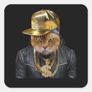 Orange Tabby Cat Rapper as Hip Hop Artist Quadratischer Aufkleber