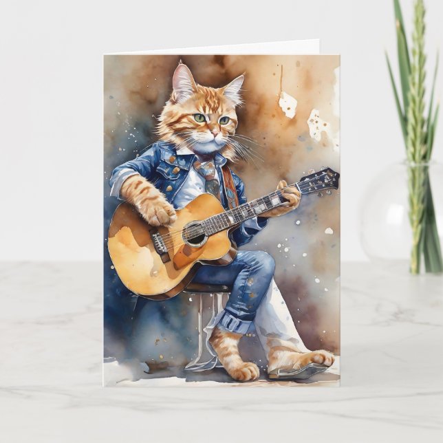 Orange Tabby Cat Rock Star Gitarre spielen Karte (Vorderseite)