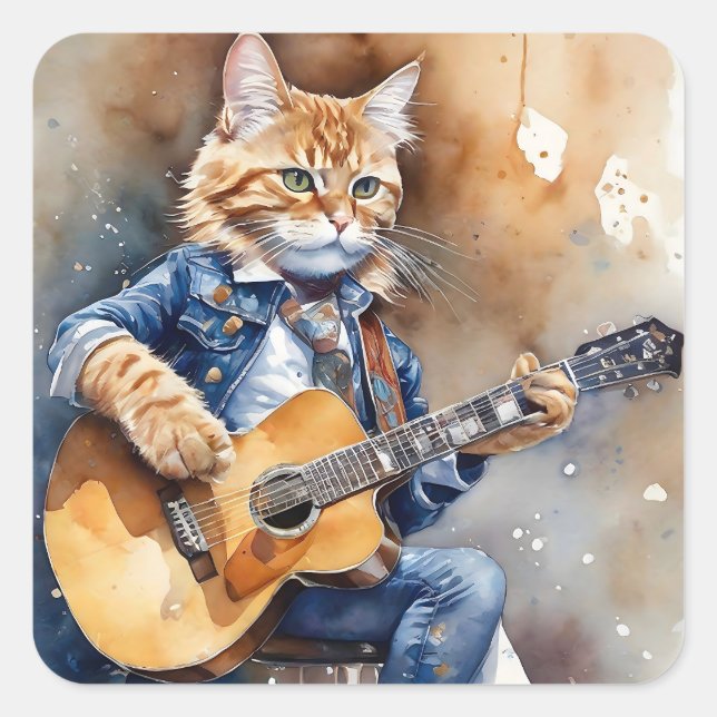 Orange Tabby Cat Rock Star Gitarre spielen Quadratischer Aufkleber (Vorderseite)