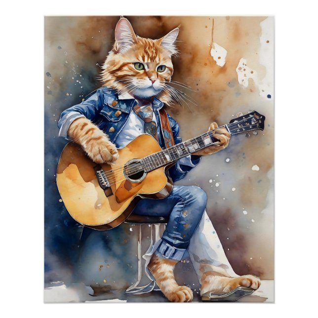 Orange Tabby Cat Rock Star Playing Acoustic Guitar Poster (Vorderseite)