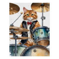 Orange Tabby Cat Rock Star Trommeln Rote Krawatte