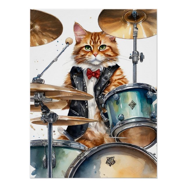 Orange Tabby Cat Rock Star Trommeln Rote Krawatte Poster (Vorderseite)