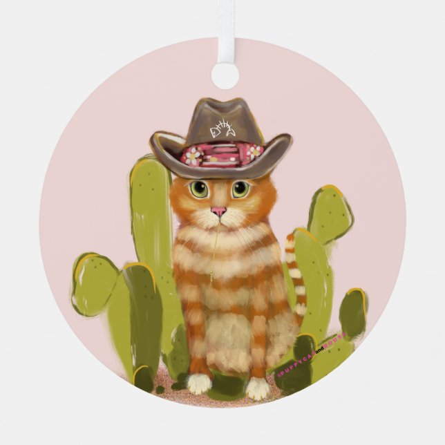 Orange Tabby Cowboy Cat Ornament Aus Metall (Vorderseite)