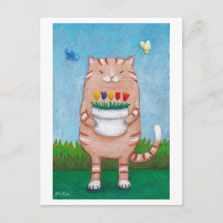 Orange Tabby Katze mit Blume Schmetterlinge Postka Postkarte