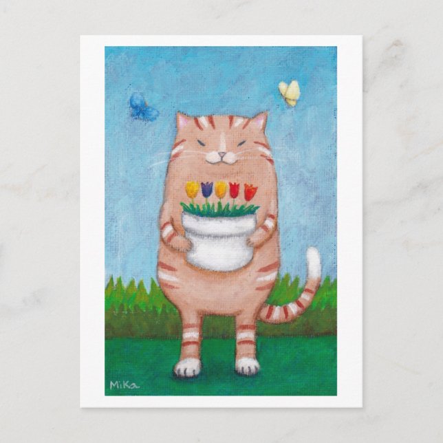 Orange Tabby Katze mit Blume Schmetterlinge Postka Postkarte (Vorderseite)