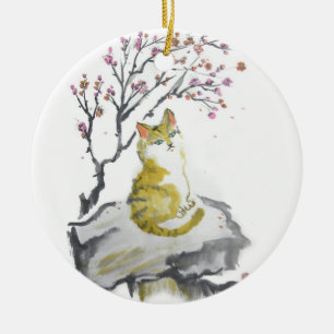 Orange Tabby-Katze mit Pflaume blüht Verzierung Keramik Ornament