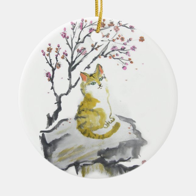 Orange Tabby-Katze mit Pflaume blüht Verzierung Keramik Ornament (Vorne)