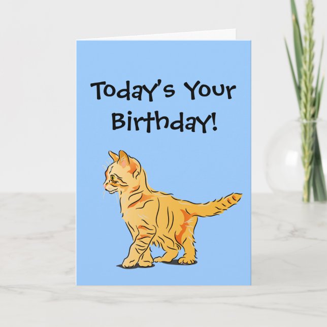 Orange Tabby Kitten auf Blue Birthday Karte (Vorderseite)