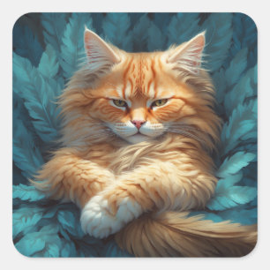 Orange Tabby Kitten in Bed of Blue Feathers Quadratischer Aufkleber