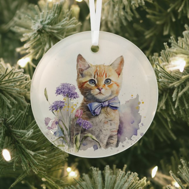 Orange Tabby Kitten mit Bow Krawatte Wasserfarbe Ornament Aus Glas (InSitu)