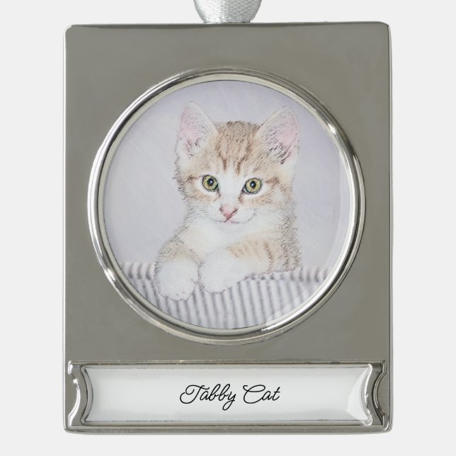 Orange Tabby Kitten Painting - Originelle Katze Ku Banner-Ornament Silber (Vorderseite)