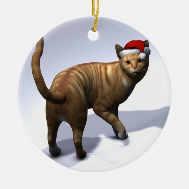 Orange Tabby mit Weihnachtsmannmütze Keramik Ornament (Vorne)