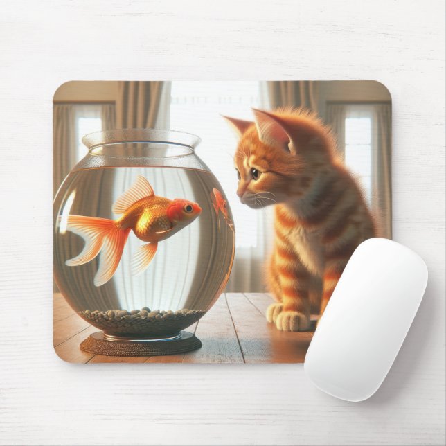 Orange Tabby Staring bei Goldfish Mousepad (Mit Mouse)