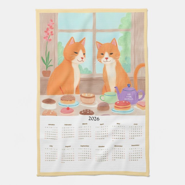 Orange Tabby Tea Party Kitchen Towel Calendar Geschirrtuch (Vertikal)
