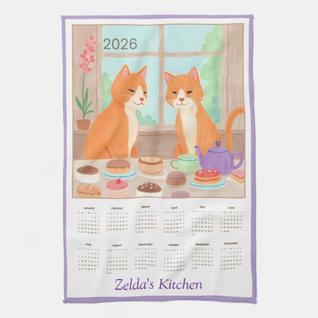 Orange Tabby Tea Party Kitchen Towel Calendar Geschirrtuch (Vertikal)