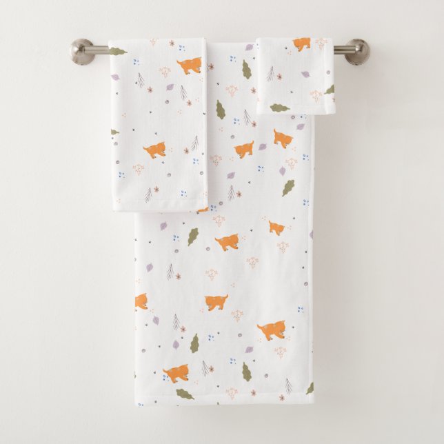 Orange Tabby und Blätter Muster Badhandtuch Set (Insitu)