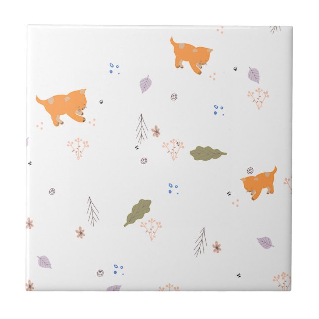 Orange Tabby und Blätter Muster Fliese (Vorderseite)