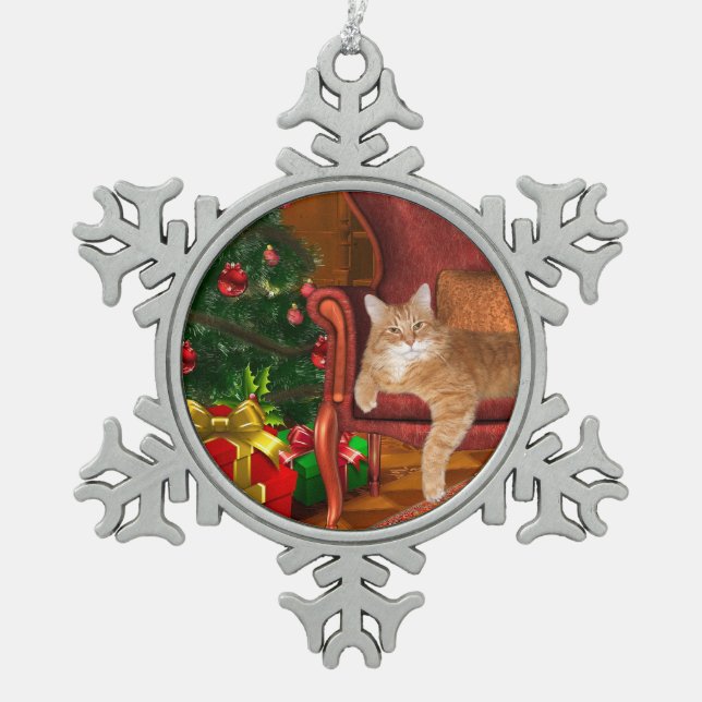 Orange Tabby Weihnachten Schneeflocken Zinn-Ornament (Vorderseite)