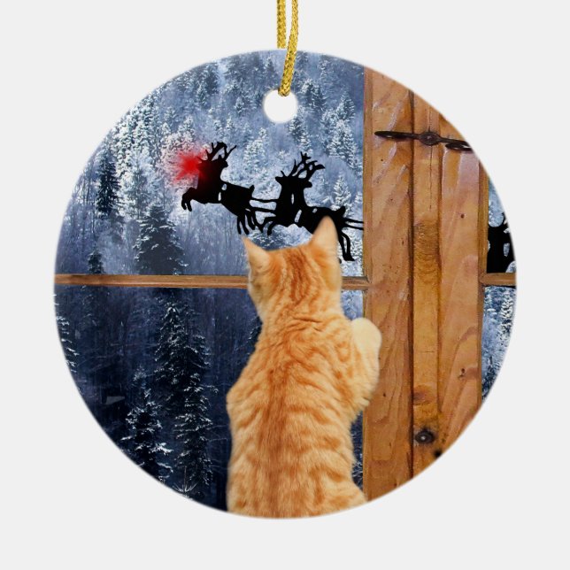 Orange Tablet Cat red dot Christmas Keramik Ornament (Vorne)