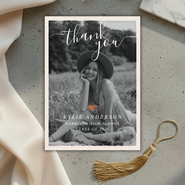 Orange Tassel Senior Photo High School Graduation  Dankeskarte (Orange Tassel Senior Photo High School Graduation Thank You Card)