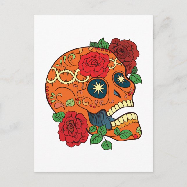 Orange Tattoo Day Dead Sugar Skull Rote Rosen Postkarte (Vorderseite)