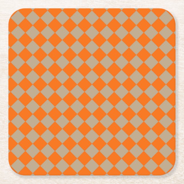 Orange Taupe Checker Diamond Pattern Rechteckiger Pappuntersetzer (Vorderseite)