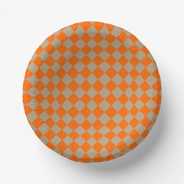 Orange-Taupe-Schachbrett-Diamantmuster Pappteller (Vorderseite)